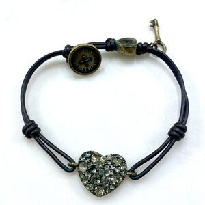 Fossil Black Leather Bracelet with Crystal Pavé Heart and Antique Gold Accents